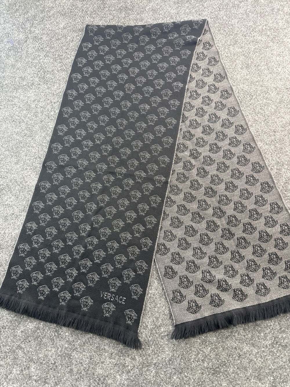 Versace Reversible Medusa Head Monogram Scarf Black Grey 13" x 67"